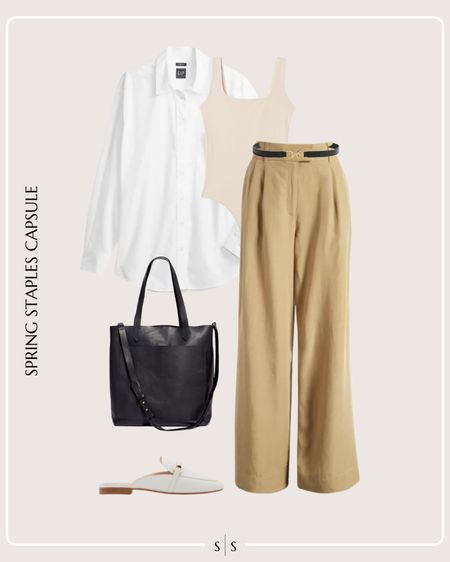 Spring Staples Capsule Wardrobe outfit idea | bodysuit, white button up, neutral trouser, loafer mule, tote bag, belt

See the entire staples capsule on thesarahstories.com ✨ 


#LTKstyletip