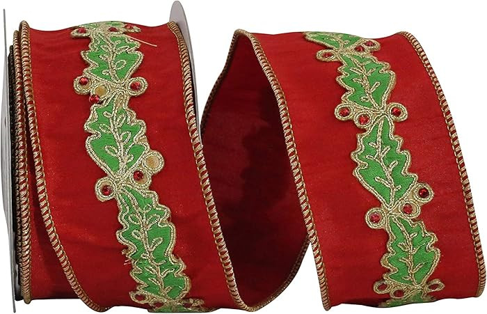 Reliant Ribbon - 93438W-985-40D Holly Leaf Jewel Embrodery Overlay Dupioni Wired Edge Ribbon, 2-1... | Amazon (US)