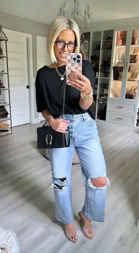 Jeans and t-shirt but make it dressy with accessories!!!!!  Love this tee and jeans both @amazon 
Tee small (runs oversized)
Jeans sized up to medium
Heels sized up 1/2 size 

#LTKStyleTip #LTKFindsUnder100 #LTKFindsUnder50