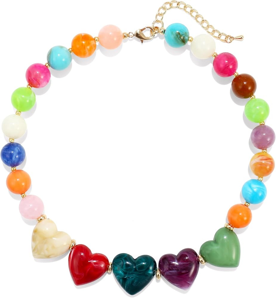 Elegance 11 designs Chunky Heart Necklace for Women, Colorful Acrylic Beaded Statement Puff Heart... | Amazon (US)
