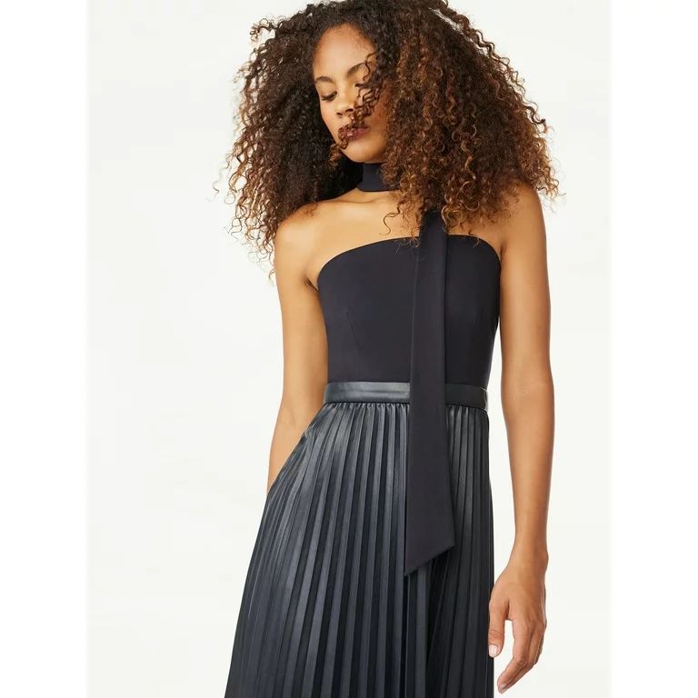 Scoop Women's Faux Leather Pleated Strapless Dress with Scarf Neck Tie, Sizes XS-XXL | Walmart (US)