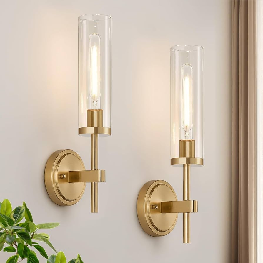 [ Hardwired ] Wall Sconces Set of Two, Brushed Gold Bathroom Sconces with Clear Glass, Modern Wal... | Amazon (US)