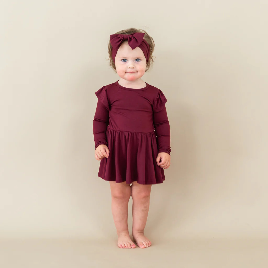 Long Sleeve Twirl Bodysuit Dress in Burgundy | Kyte Baby