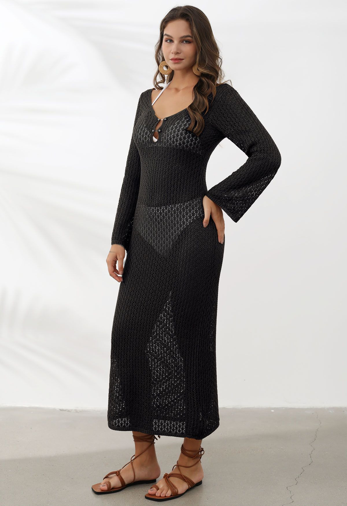 Open Back Bead Decor Crochet Cover-Up in Black | Chicwish
