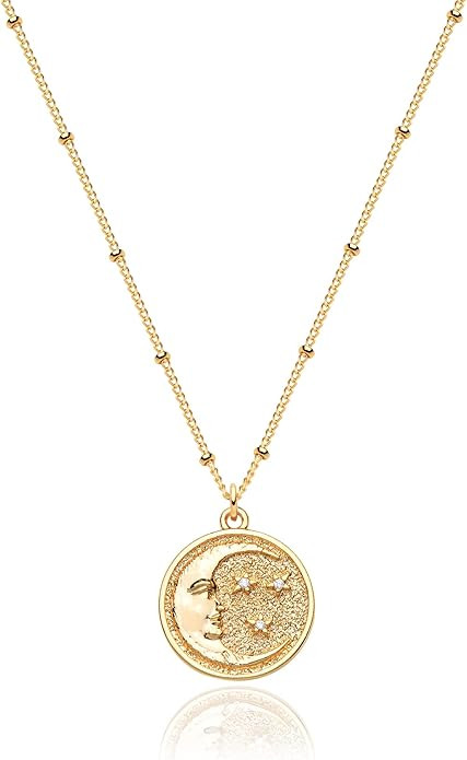 Valloey Rover Vintage Circle Coin Necklace for Women Gold Carved Chunky Pendant Necklace 14k Gold... | Amazon (US)