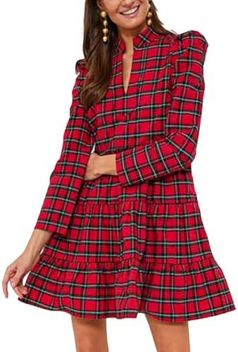 Women's Plaid Print Tunic Dress Long Sleeve V Neck Loose Shirt Dress Ruffle Hem Casual Swing Baby... | Amazon (US)