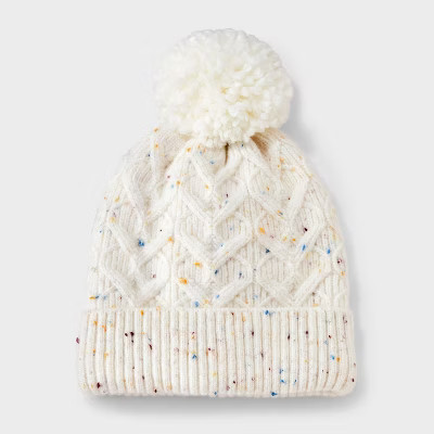 Toddler Girls' Heart Cable Knit Beanie With Pom - Cat & Jack™ Cream 2T-5T | Target