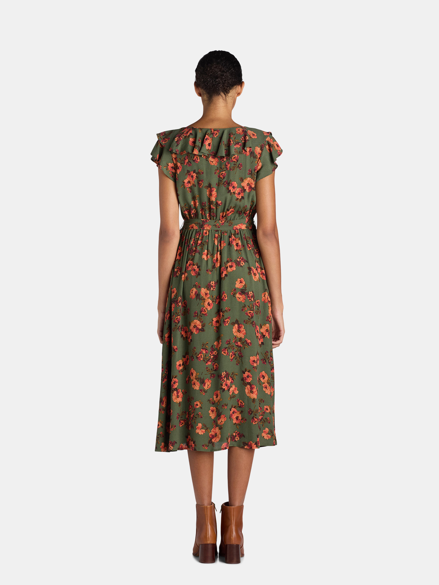 Time and Tru Women's and Women's Plus Ruffle Neck Midi Dress, Sizes XS-4X | Walmart (US)