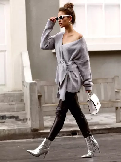 Drop Shoulder Asymmetric Neck Tie Front Sweater | SHEIN
