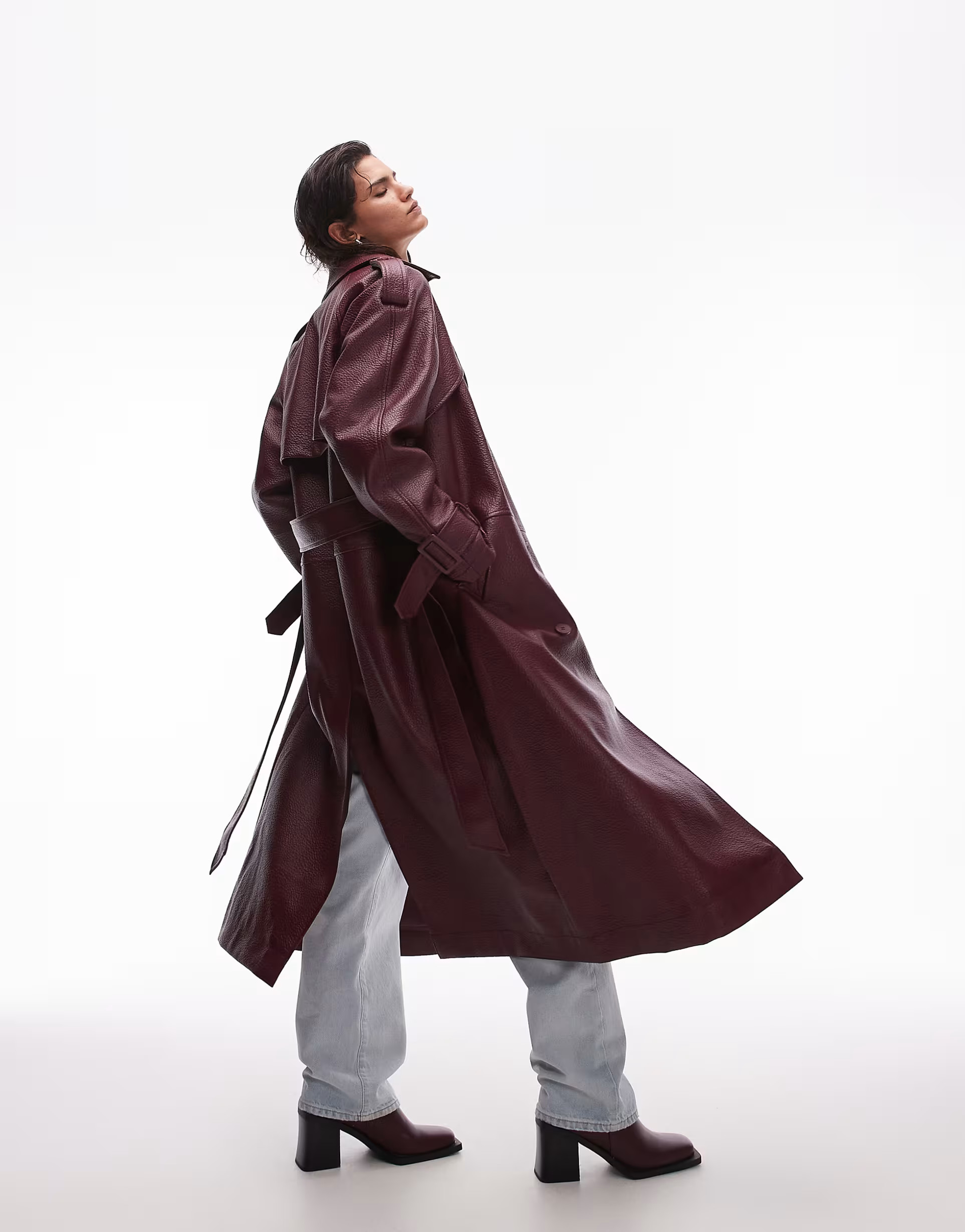 Topshop textured faux leather trench coat in burgundy | ASOS (Global)