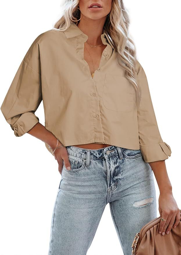 HOTAPEI Womens Button Down 100% Cotton Cropped Shirts Oversized Long Sleeve Casual Dressy Tops So... | Amazon (US)