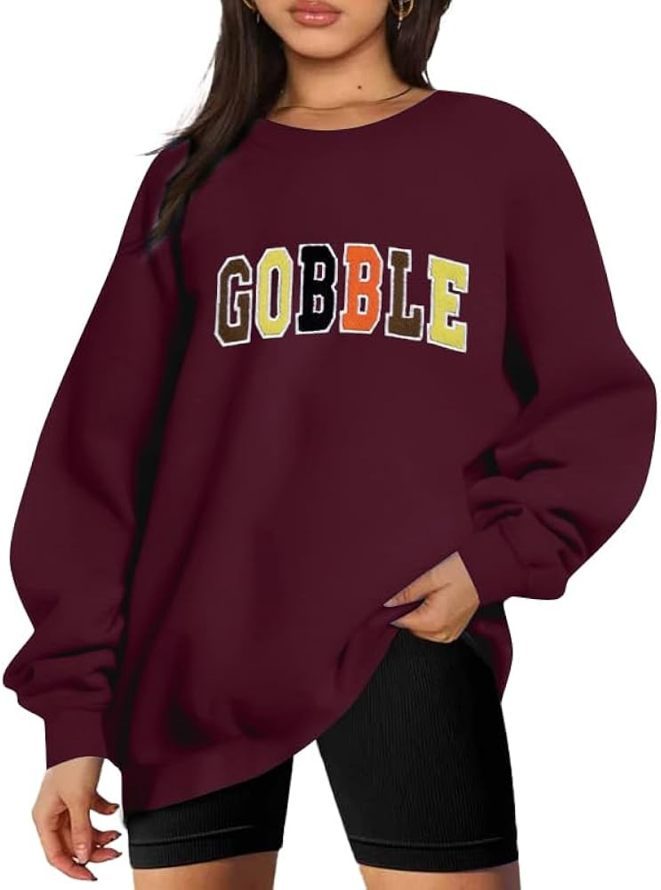 Thanksgiving Sweatshirt Womens Chenille Gobble Shirt Colorful Letter Print Pullover Sweaters Long... | Amazon (US)