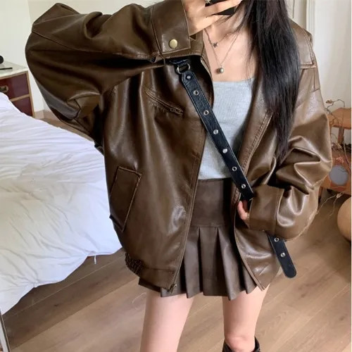 Moon City - Plain Faux Leather Zip Jacket / High Rise Pleated Mini A-Line Skirt | YesStyle Global