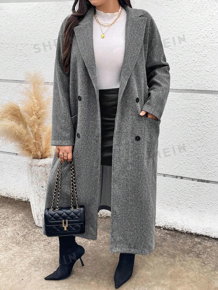 TrendsSHEIN Essnce Plus Size Autumn & Winter Casual Double Pocket Long Wool Blend Coat | SHEIN