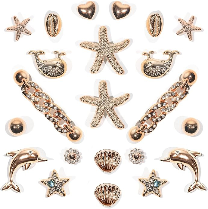 22 Pcs Bling Shoe Charms Gold Dolphin Starfish Whale Ocean Shoe Accessories Bling Gold Shoe Chain... | Amazon (US)