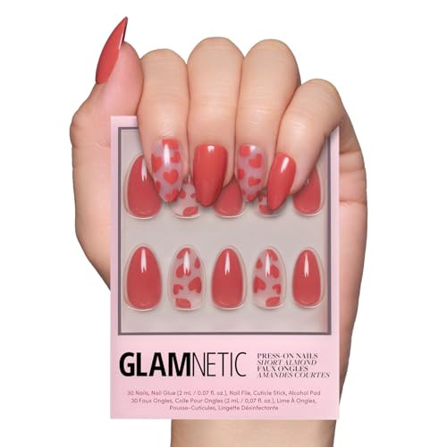 Glamnetic Press On Nails - Love Me | Glossy, Semi-Transparent, Short Almond Red Heart Nails, Salo... | Amazon (US)