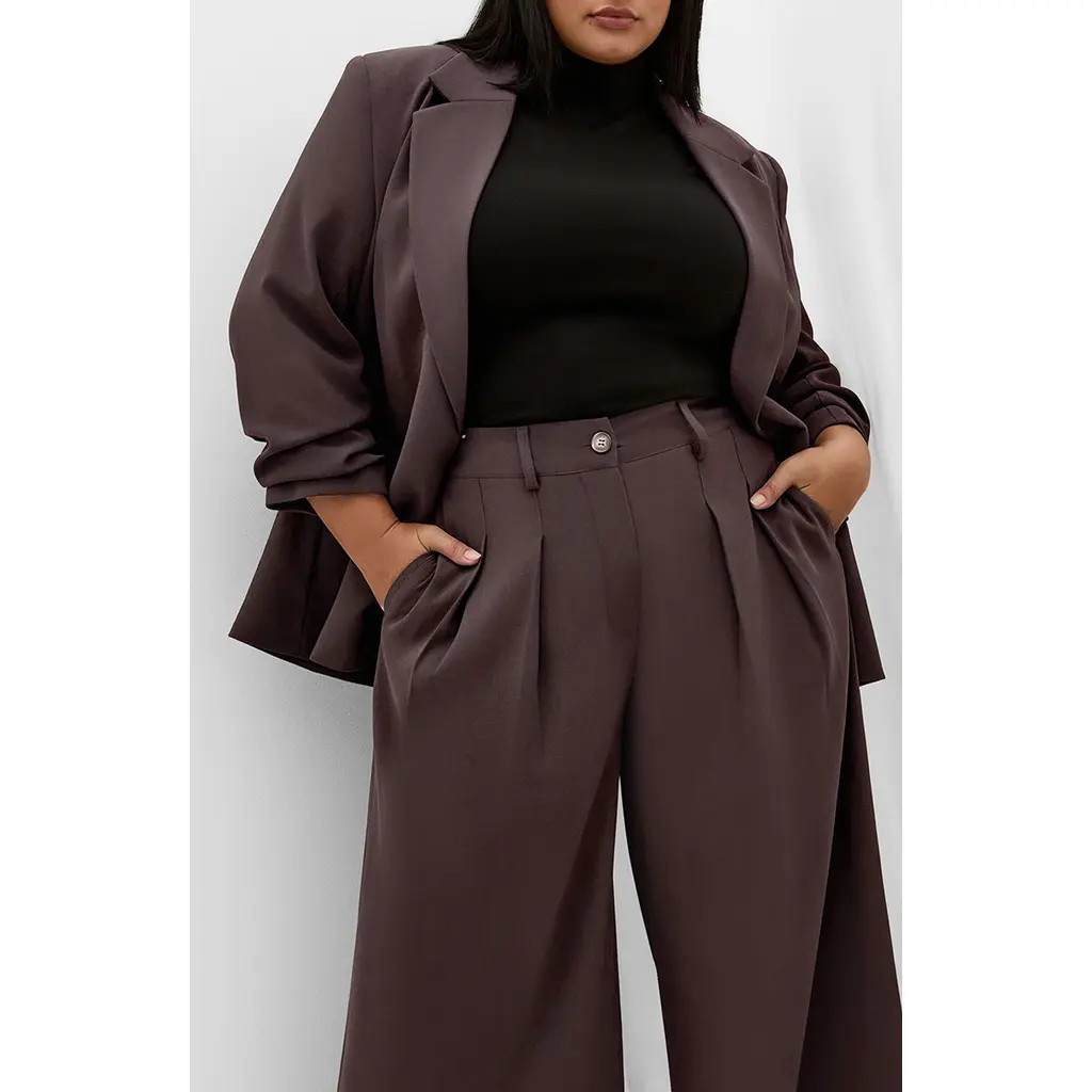City Chic Abbie Ruched Sleeve Blazer in Chocolate at Nordstrom, Size 16W | Nordstrom