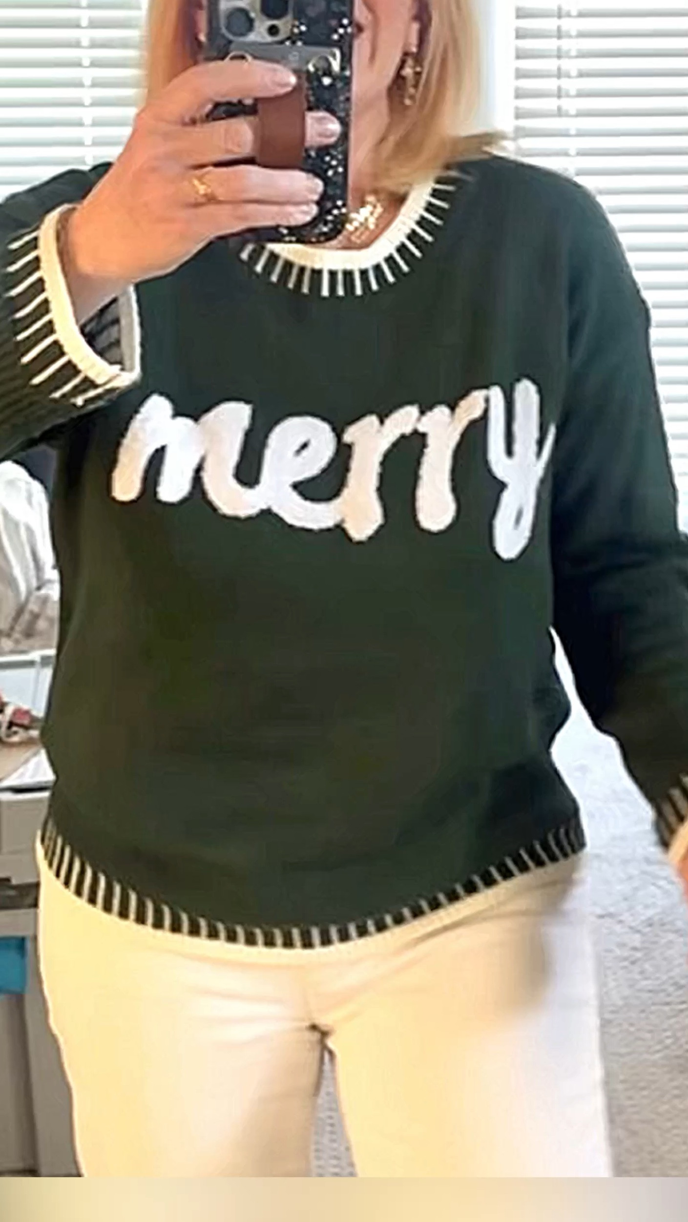 I’m obsessed with this Christmas sweater. The Mary is spelt out with puffy collegiate letters and the cuffs and the neck line are exceptionally cute.

#LTKCyberWeek #LTKSeasonal #LTKHoliday