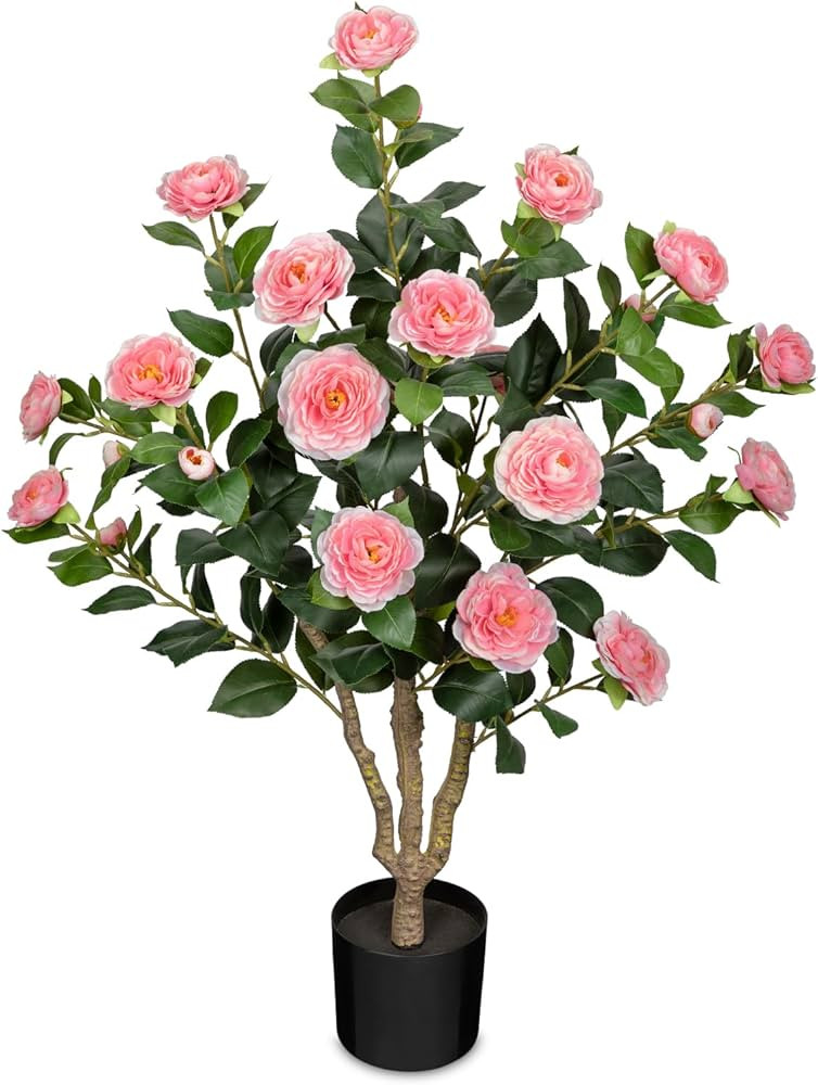 3ft Artificial Camellia Tree Fake Camellia Plant with Pink Flowers Faux Floral Plant Blooming Tre... | Amazon (US)