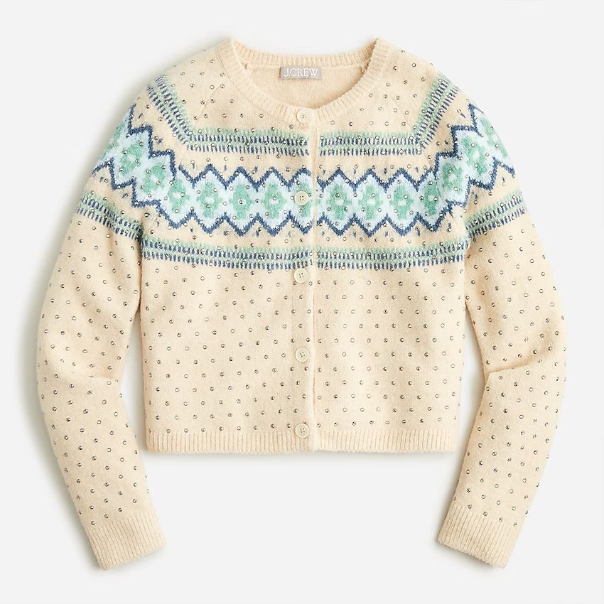 Crystal-embellished Fair Isle cardigan sweater in Supersoft yarn | J.Crew US