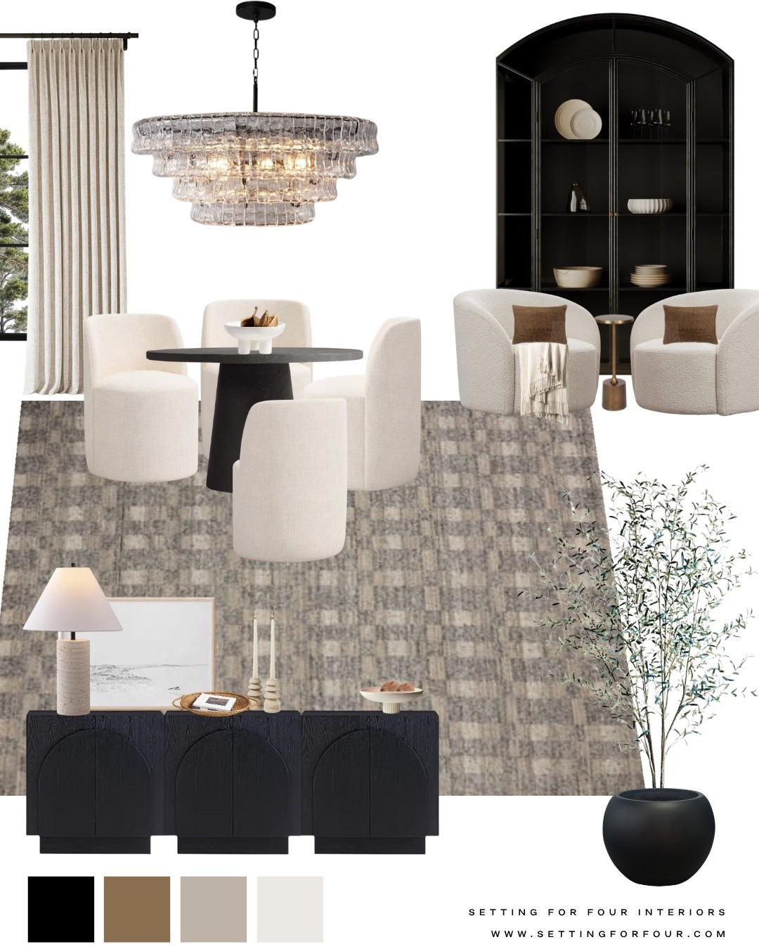 Neutral dining room mood board design and decor ideas. This chandelier is from Amazon!
Organic modern, round dining table, upholstered dining chairs, black arch cabinet storage, sideboard cabinets, olive tree, planter, curtains, swivel chairs, Restoration hardware, Pottery Barn style, Crate & Barrel style, Thanksgiving, Christmas holiday entertaining 

#LTKFamily #LTKStyleTip #LTKSaleAlert #LTKHome