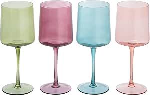 Creative Co-Op Hand Blown Stemmed Wine Glasses, 14 Ounces, 4 Assorted Colors Glassware, Multi | Amazon (US)