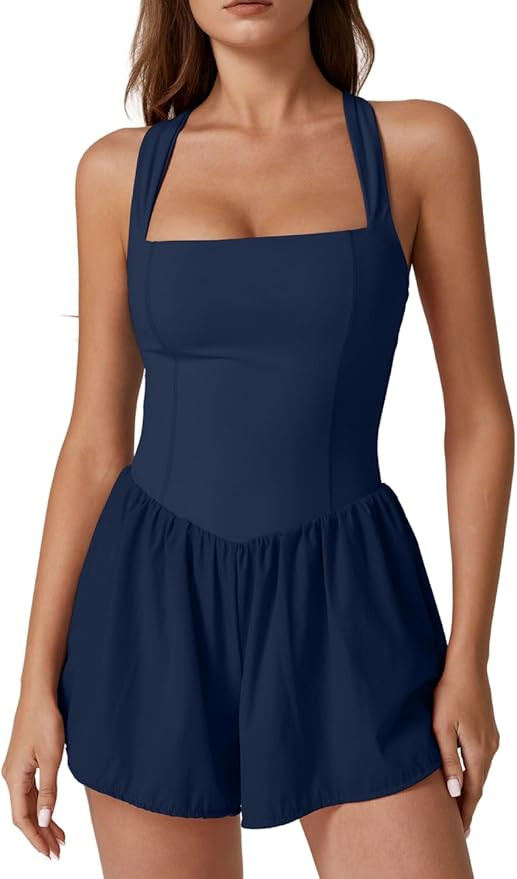 QINSEN Women's Square Neck Sleeveless Romper Jumpsuit Casual Summer One Piece Outfit with Pocket | Amazon (US)