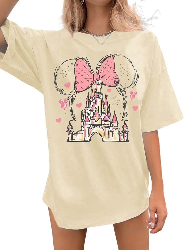 jusgai Magic Kingdom Tshirts for Women Cute Castle Shirt Oversized Bows Graphic Tee Family Vacati... | Amazon (US)
