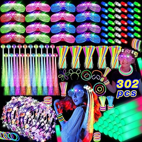 302 PCS Glow in the Dark Party Supplies, 20 LED Hair Clips Fiber Optic, 16 LED Glasses, 16 Foam G... | Amazon (US)