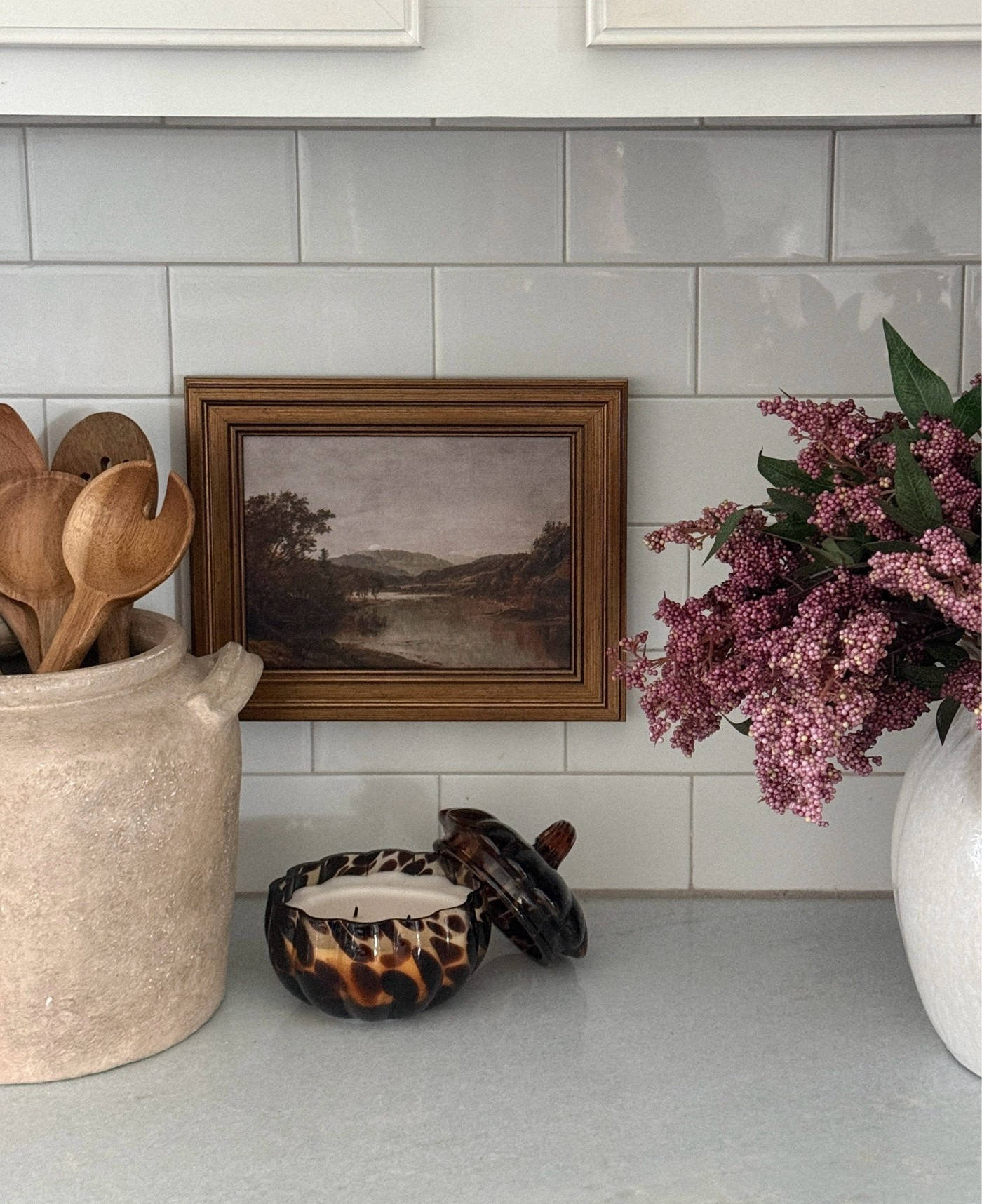 Fall kitchen counter decor. Fall art. Fall candle