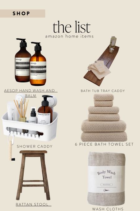 Amazon home: Aesop, bath caddy, shower caddy, bath set, rattan stool, wash cloths 

#LTKhome