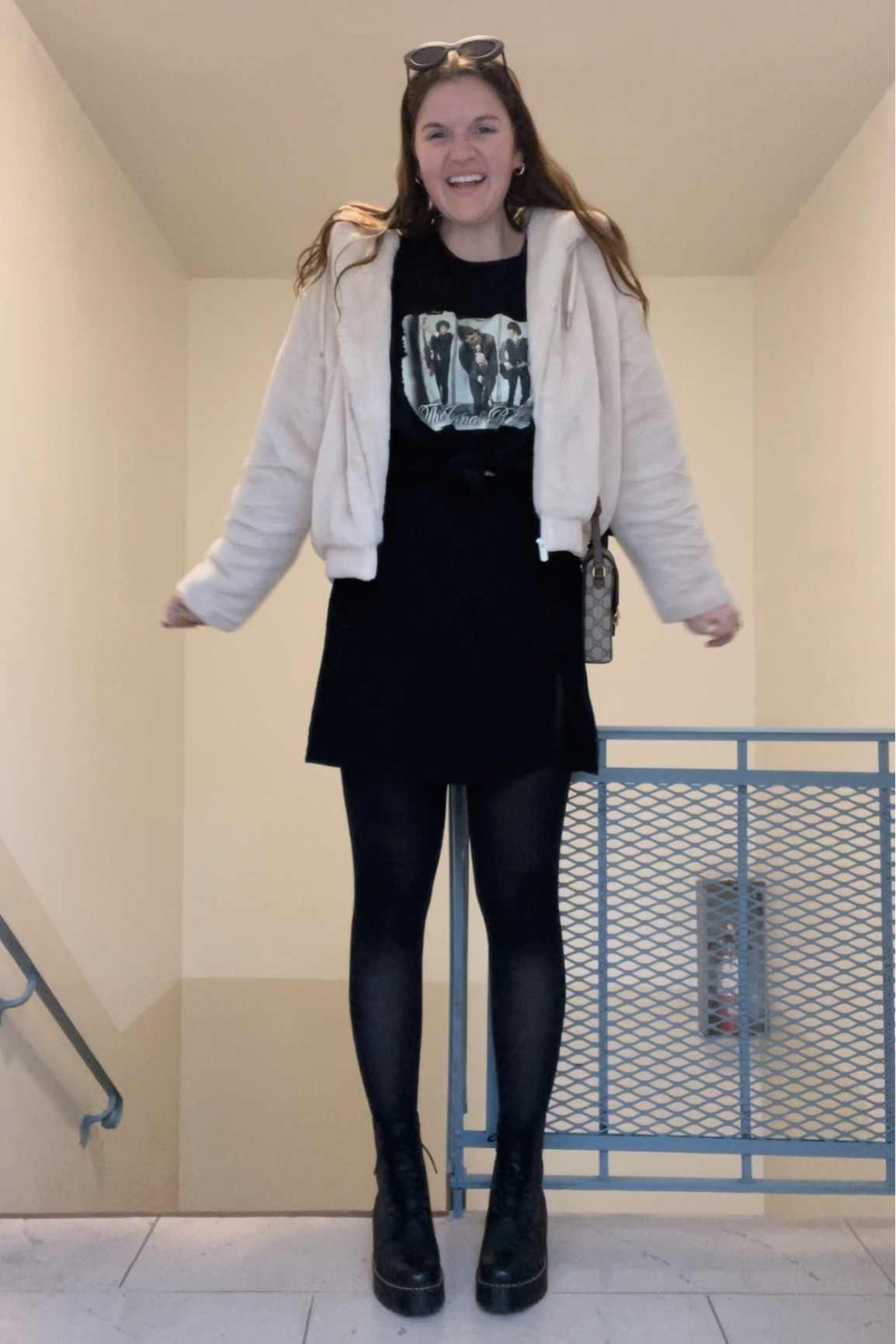 Jonas brothers graphic T-shirt, concert outfit, black mini slit skirt, faux fur bomber jacket, GUCCI Horsebit 1955 small GG-canvas and leather bag, neutral crossbody, designer purse, small bag, budget friendly, affordable, sheer black tights, comfy, casual, watch, necklace, gold jewelry, urban outfitters sunglasses 

#LTKstyletip #LTKunder100 #LTKunder50