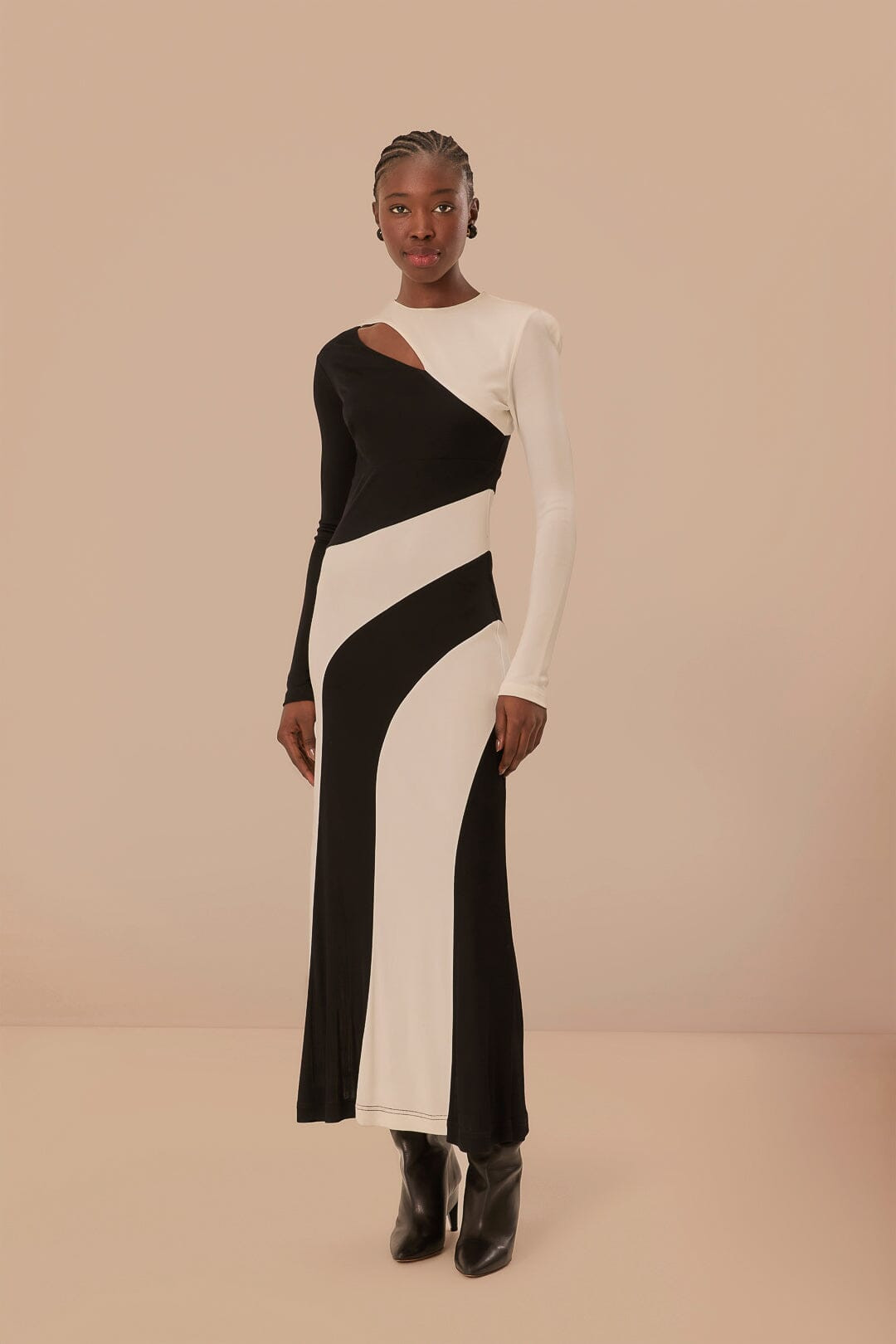 Black And White Cut-Out Long Sleeve Midi Dress | FarmRio (US)