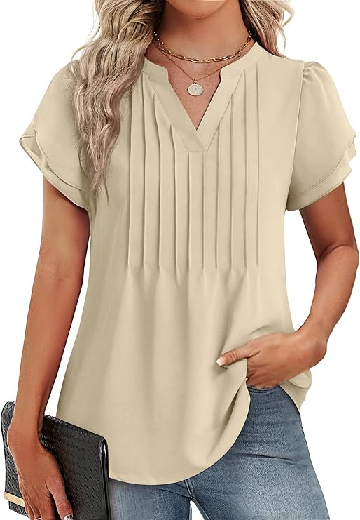 Funlingo Womens Blouses Dressy Casual Short Petal Sleeve Tops Business Summer Pintuck Chiffon Top... | Amazon (US)
