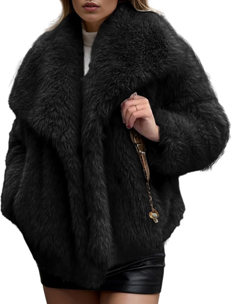 Arssm Women's Faux Fur Coat Fluffy Shaggy Jacket Long Sleeve Lapel Coats Winter Warm Outwear | Amazon (US)