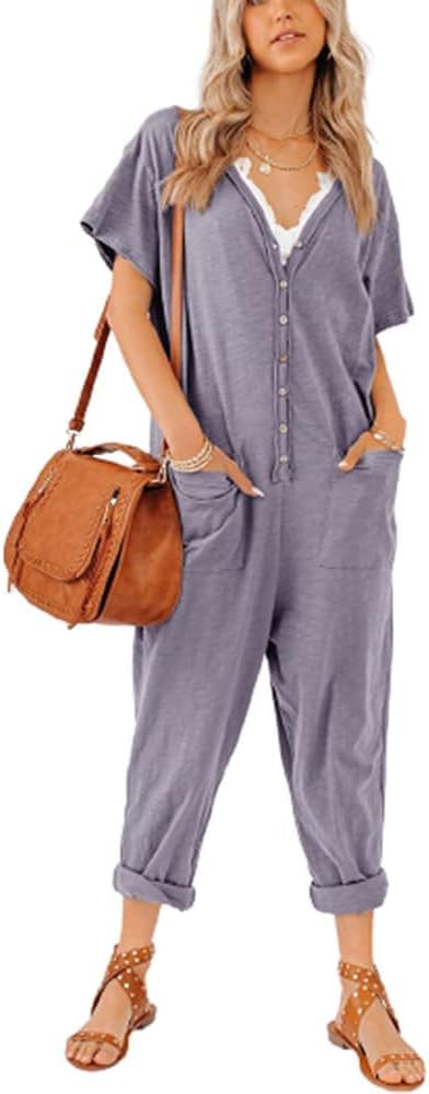 Aoysky Oversize Women's Onesies Button Up Jumpsuit Casual Loose Short Sleeve V Neck Onesies Rompers  | Amazon (US)