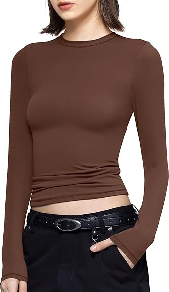 PUMIEY Women's Long Sleeve T Shirts Crew Neck Slim Fit Tops Sexy Basic Tee Smoke Cloud Pro Collec... | Amazon (US)