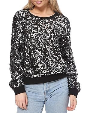Anna-Kaci Women's Glitter Sequin Sweatshirt Long Sleeve Pullover Tops with Ribbed Cuffs | Amazon (US)