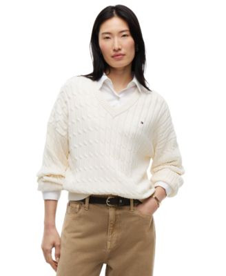 Tommy Hilfiger Women's Cable-Knit V-Neck Long-Sleeve Sweater - Deep Burgundy | Macy's