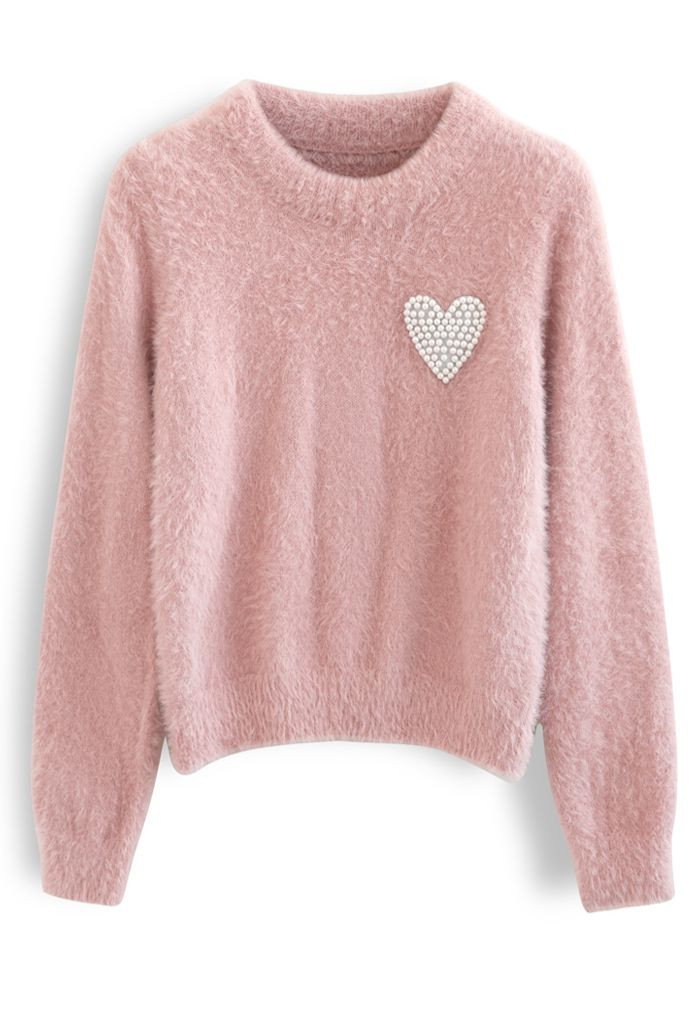 Pearly Heart Patch Soft Fuzzy Knit Sweater in Pink | Chicwish