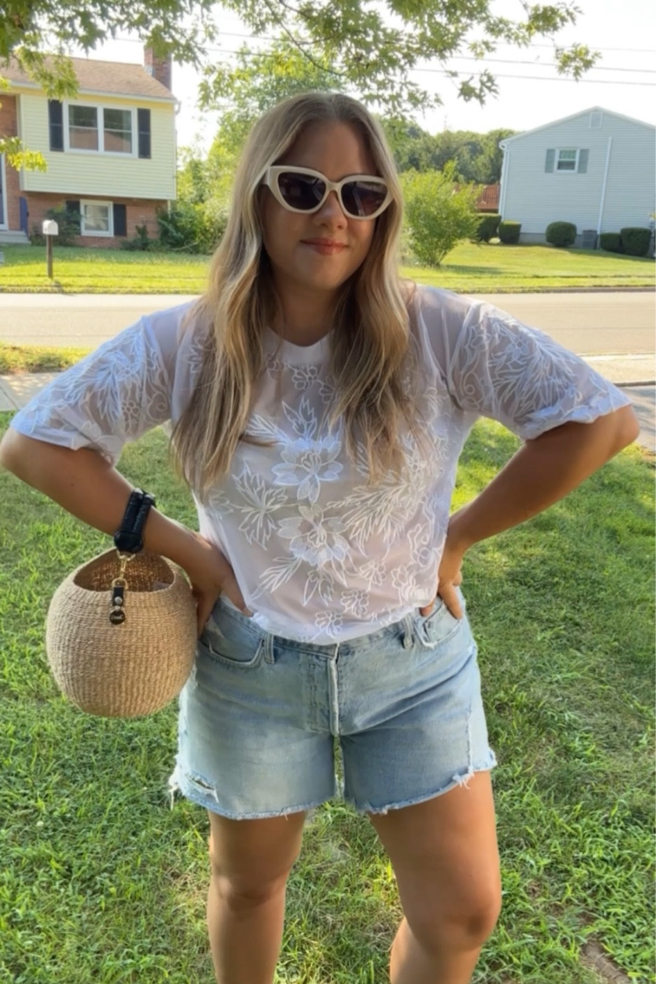 Im wearing the white amazon one in medium ( its longer but i tucked it) it will be so cute with long jeans too!!! 
 
True to size- im wearing it with a nude bralette under - its sheer mesh* 

Bag is on sale on shopbop with PRIME25 code at checkout when you link your your amazon account 

I actually bought the anthro one first and when i went back to search it to link the amazon one popped up so i had to try it too. The amazon one came first so i wore it.

The anthro one is more cream / warmer tone and embroidery is nicer with a slightly shorter fit

The amazon one is brighter white and softer feeling with shiny thread embroidery  

Sunglasses 