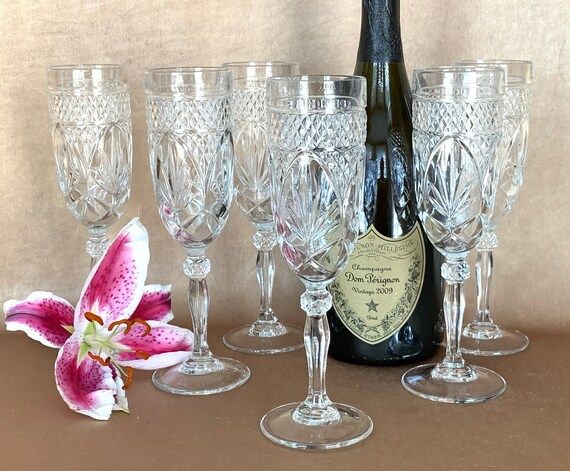 Six Pressed Glass Champagne Flutes, Cristal d' Arques "Antique Clear" Fluted Champagne Glass, Vin... | Etsy (US)
