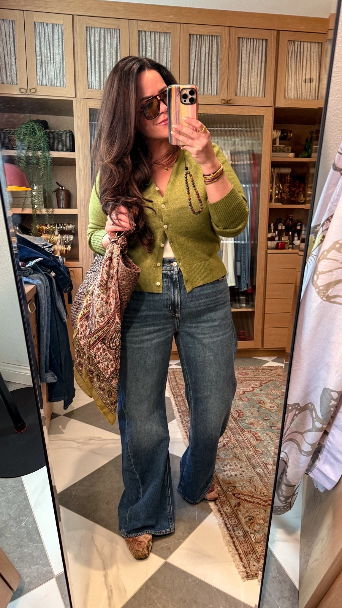 midsize fall outfit idea! 
green cardigan large 
wide leg jeans size 14 tts 
floral flats tts 

casual jeans teacher outfit, fall casual outfit

#LTKOver40 #LTKMidsize #LTKootd