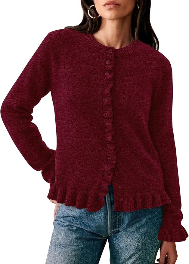 PRETTYGARDEN Womens Fall Button Down Cardigans Chunky Knit Ruffle Open Front Cropped Cardigan Swe... | Amazon (US)
