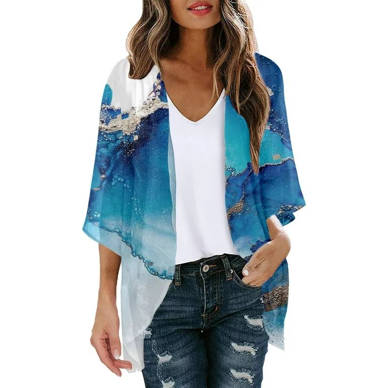 JHLZHS Cardigan for Women Summer Mesh Shirt Panel 3/4 Bell Sleeve Solid Chiffon Casual Loose Kimo... | Walmart (US)