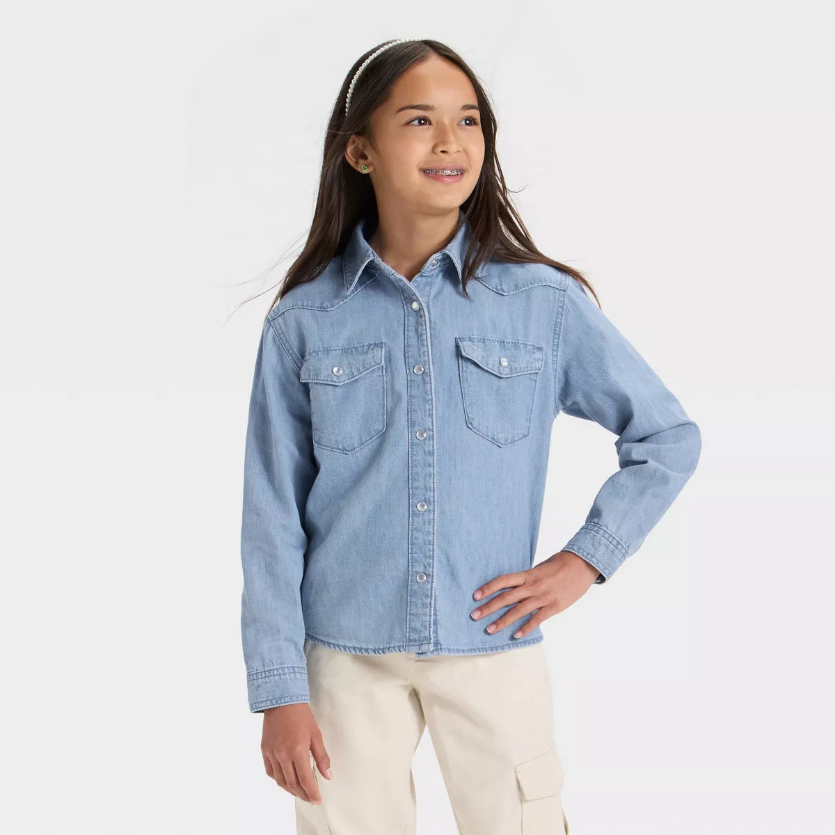 Girls' Long Sleeve Denim Shirt - Cat & Jack™ Medium Wash | Target