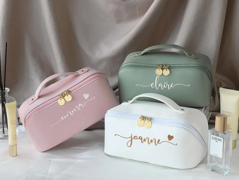 Embroidered Leather Cosmetic Bag,bridesmaid Makeup Bag,pu Makeup Bag With Name,wedding Makeup Bag... | Etsy (US)