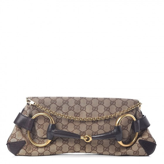 GUCCI Monogram Studded Horsebit Clutch Dark Brown | Fashionphile