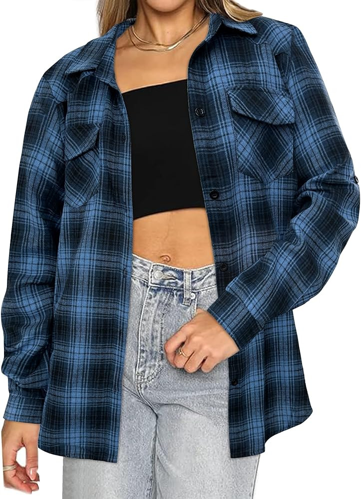 HOTOUCH Women's Long Roll Up Sleeve Cotton Flannels Plaid Shirts Classic Fit Button Down Shirt Bl... | Amazon (US)