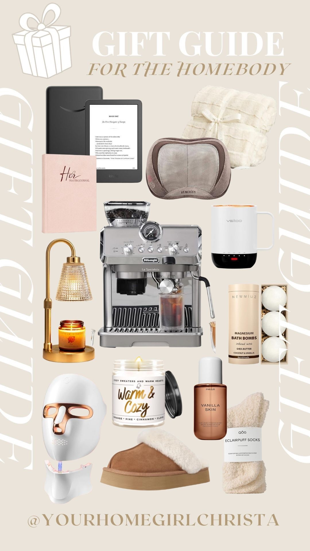 Amazon Gift Guide for the Homebody Woman 🎄☕️
For the woman who loves all things cozy and calm, think warm blankets, self-care essentials, and that perfect cup of coffee. These make-you-smile Christmas gifts are sure to be used every day.

Shop all my cozy favorites below ⬇️
#AmazonFinds #GiftGuideForHer #AmazonHome #CozyGifts #AmazonGiftGuide #HomebodyVibes #AmazonFavorites #HolidayGiftGuide #AmazonMustHaves

Homebody gift ideas | Cozy Amazon finds | Christmas gifts for her | Breville coffee maker | Heated mug | Red light mask | Perfume | Slippers | Cozy blanket | Bath bombs | Prayer journal | Kindle | Back massager | Cozy candle
